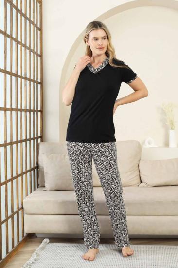 Etnik Desenli Kadın Pijama Takımı - Siyah V Yaka Kısa Kollu Bambu Likralı 2866KY