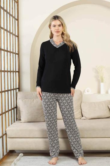 Etnik Desenli Kadın Pijama Takımı - Siyah V Yaka Uzun Kollu Bambu Likralı 2866UY