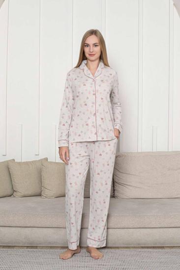 Önden Düğmeli Kadın Pijama Takımı - Bej Kalp Desenli Uzun Kol Likralı Rink Viskon 2868UY