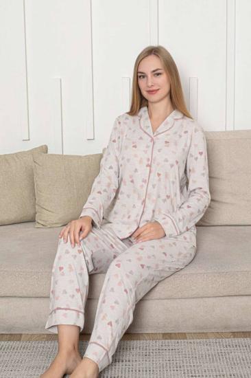 Önden Düğmeli Kadın Pijama Takımı - Bej Kalp Desenli Uzun Kol Likralı Rink Viskon 2868UY