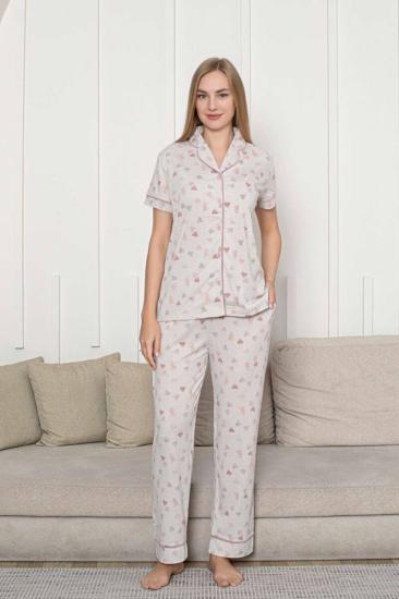 Önden Düğmeli Kadın Pijama Takımı - Bej Kalp Desenli Kısa Kol Likralı Rink Viskon 2868KY