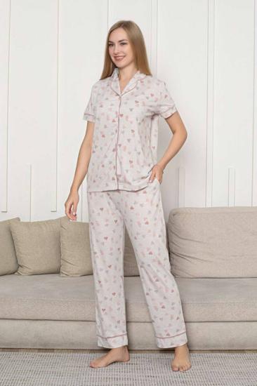 Önden Düğmeli Kadın Pijama Takımı - Bej Kalp Desenli Kısa Kol Likralı Rink Viskon 2868KY