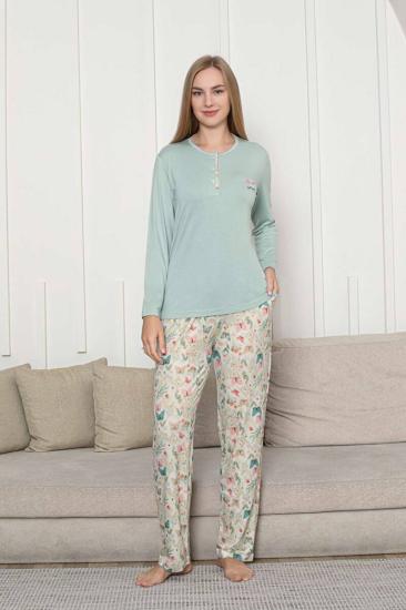 Kelebek Desenli Kadın Pijama Takımı - Su Yeşili 3 Düğmeli Uzun Kollu Likralı Rink Viskon 2876UY