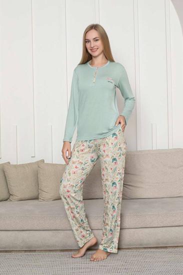 Kelebek Desenli Kadın Pijama Takımı - Su Yeşili 3 Düğmeli Uzun Kollu Likralı Rink Viskon 2876UY