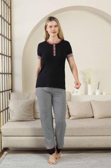 Kaz Ayağı Desenli Kadın Pijama Takımı - Siyah 3 Düğmeli Kisa Kollu Likralı Rink Viskon 2871KY