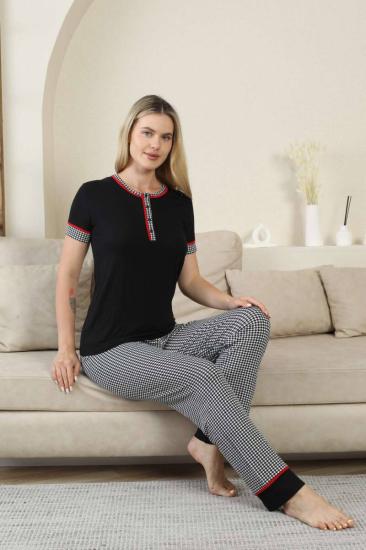 Kaz Ayağı Desenli Kadın Pijama Takımı - Siyah 3 Düğmeli Kisa Kollu Likralı Rink Viskon 2871KY