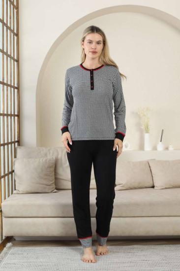 Kaz Ayağı Desenli Kadın Pijama Takımı - Siyah 3 Düğmeli Uzun Kollu Likralı Rink Viskon 2869UY