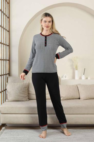 Kaz Ayağı Desenli Kadın Pijama Takımı - Siyah 3 Düğmeli Uzun Kollu Likralı Rink Viskon 2869UY