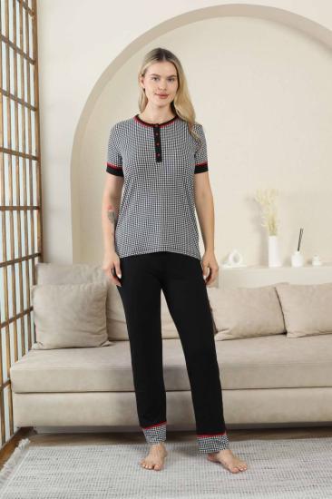 Kaz Ayağı Desenli Kadın Pijama Takımı - Siyah 3 Düğmeli Kısa Kollu Likralı Rink Viskon 2869KY