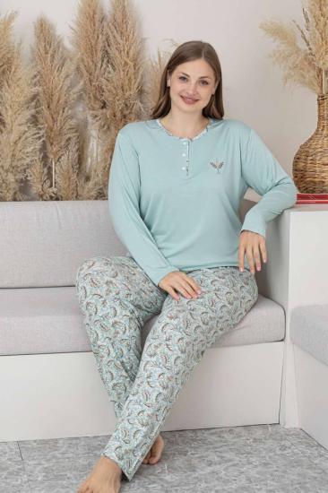 Büyük Beden Bayan Pijama Takımı - Su Yeşili Çiçek Desen Uzun Kol Likralı Viskon 2874UYB