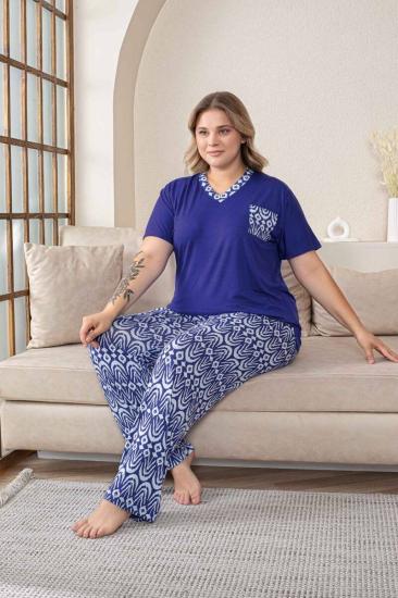 Büyük Beden Kadın Pijama Takımı - Saks Mavi V Yaka Kısa Kollu Likralı Kumaş 2824KYB