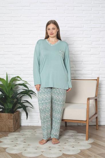 Büyük Beden Kadın Pijama Takımı - Yeşil V Yaka Uzun Kollu Likralı Kumaş 2824UYB