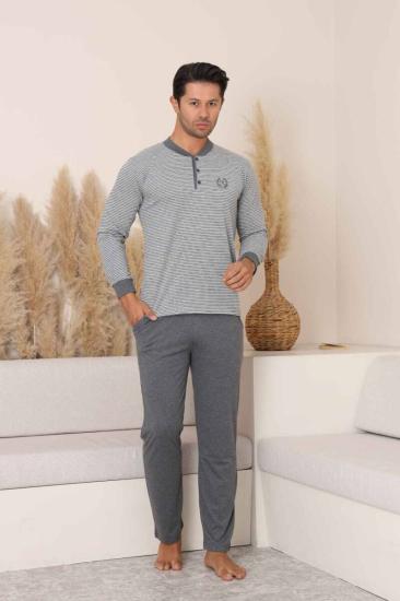 Erkek Pijama Takımı - Gri Çizgili Arma Nakışlı Likralı Uzun Kollu Penye 1219UY