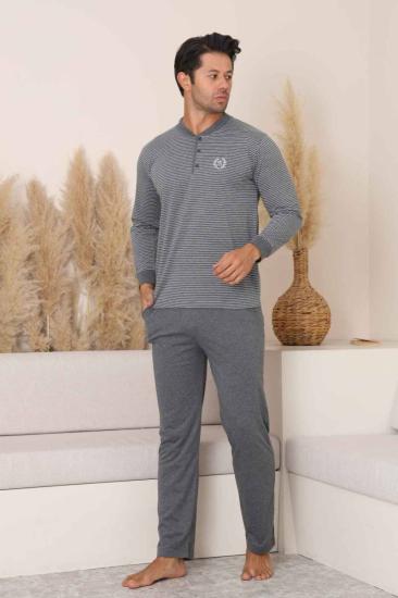 Erkek Pijama Takımı - Antrasit Çizgili Arma Nakışlı Likralı Uzun Kollu Penye 1219UY
