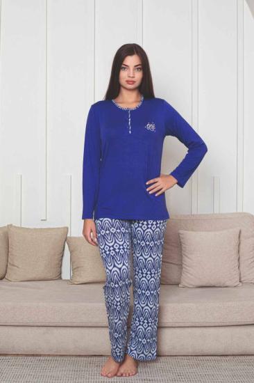 Etnik Desenli Kadın Pijama Takımı - Saks Mavi Nakışlı Uzun Kollu Likralı Kumaş 2878UY