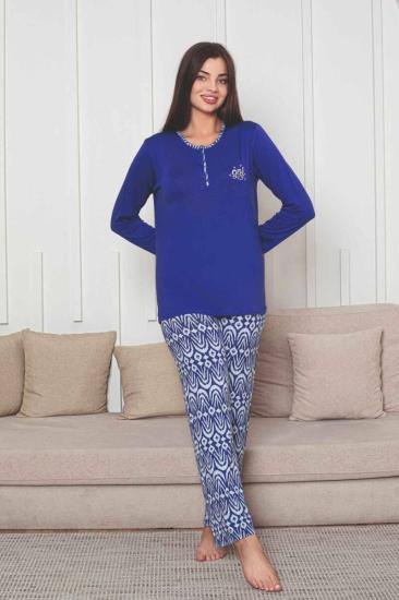 Etnik Desenli Kadın Pijama Takımı - Saks Mavi Nakışlı Uzun Kollu Likralı Kumaş 2878UY