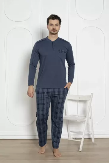 Ekoseli Erkek Pijama Takımı - İndigo Kışlık Jakarlı İnterlok 1211UK