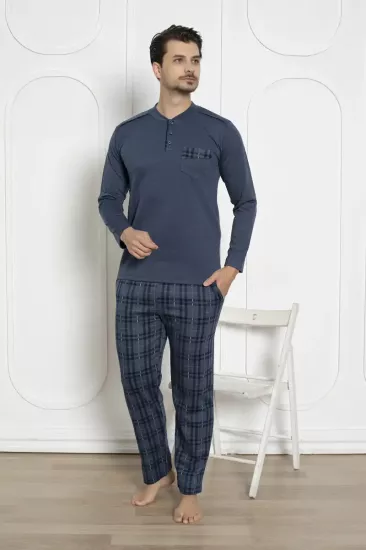 Ekoseli Erkek Pijama Takımı - İndigo Kışlık Jakarlı İnterlok 1211UK