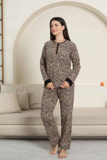 Kadın Pijama Takımı - Leopar Desenli Uzun Kollu Likralı Pamuk 2880UK