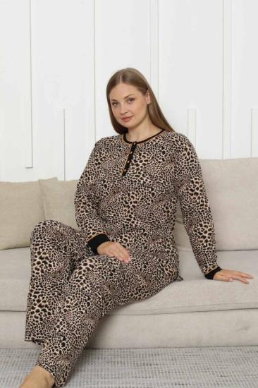 Büyük Beden Kadın Pijama Takımı - Leopar Desenli Uzun Kollu Likralı Pamuk 2880UKB
