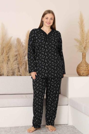 Büyük Beden Kadın Pijama Takımı - Siyah Çiçek Desen Uzun Kollu Likralı Pamuk 2882UKB