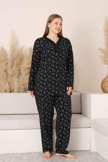 Büyük Beden Kadın Pijama Takımı - Siyah Çiçek Desen Uzun Kollu Likralı Pamuk 2882UKB