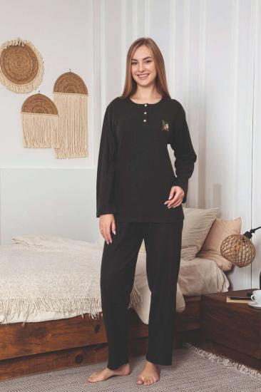 Çizgili Desenli Kadın Pijama Takımı - Haki Nakışlı Detaylı Kışlık Penye 034UK