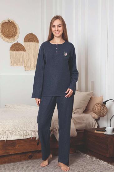 Çizgili Desenli Kadın Pijama Takımı - İndigo Nakışlı Detaylı Kışlık Penye 034UK