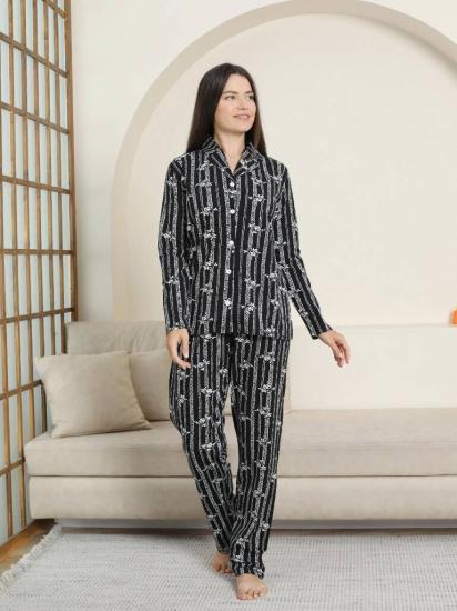 Önden Düğmeli Kadın Pijama Takımı - Siyah Çizgili Uzun Kol Likralı Penye 2884UK