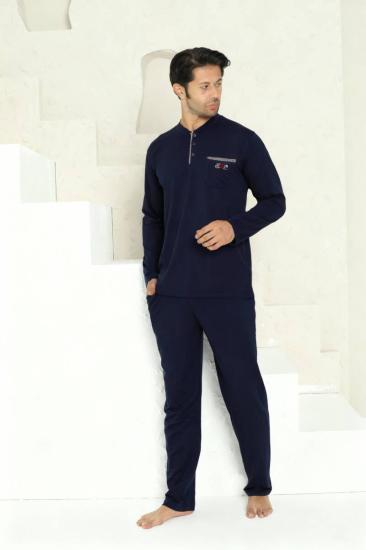 Erkek Pijama Takımı - Lacivert Arma Nakışlı Likralı Uzun Kollu Penye 1194UY