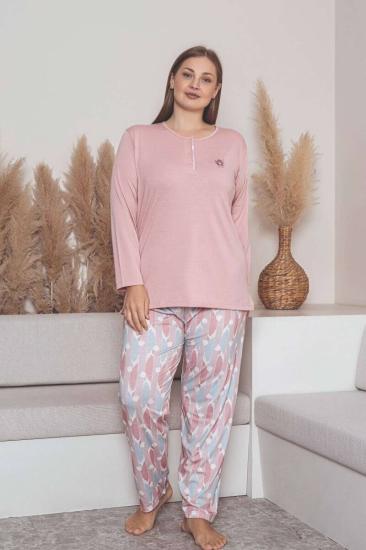 Büyük Beden Bayan Pijama Takımı - Pembe Çiçek Desen Uzun Kol Likralı Penye 2859UYB