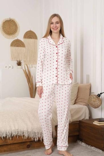 Önden Düğmeli Kadın Pijama Takımı - Kalp Desenli Raporlu İnterlok 2891UK