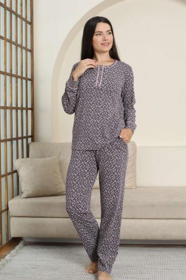 Kadın Pijama Takımı - Mürdüm Papatya Desenli Uzun Kollu Likralı Pamuk 2881UK
