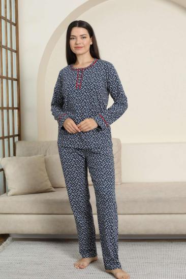 Kadın Pijama Takımı - Lacivert Papatya Desenli Uzun Kollu Likralı Pamuk 2881UK