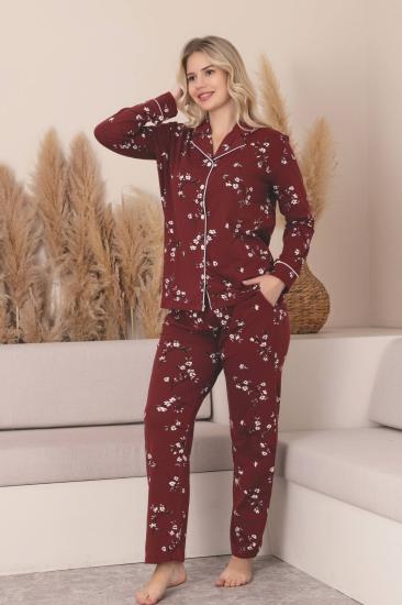 Önden Düğmeli Kadın Pijama Takımı -Çiçek Desenli Uzun Kollu Likralı Penye 2889UK