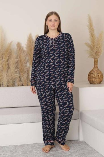Büyük Beden Bayan Pijama Takımı - Çiçek Desen Uzun Kol Likralı Penye 2885UKB