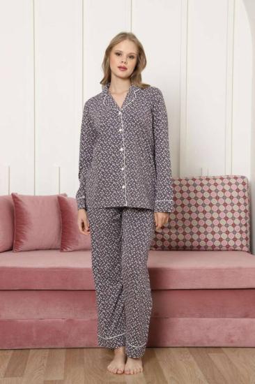 Önden Düğmeli Kadın Pijama Takımı - Mürdüm Papatya Desenli Uzun Kollu Likralı Pamuk 2886UKL