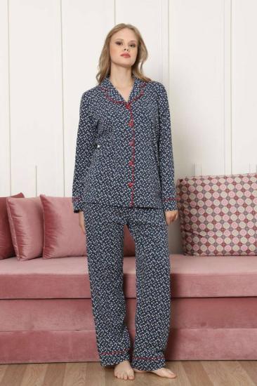 Önden Düğmeli Kadın Pijama Takımı - Lacivert Papatya Desenli Uzun Kollu Likralı Pamuk 2886UKL