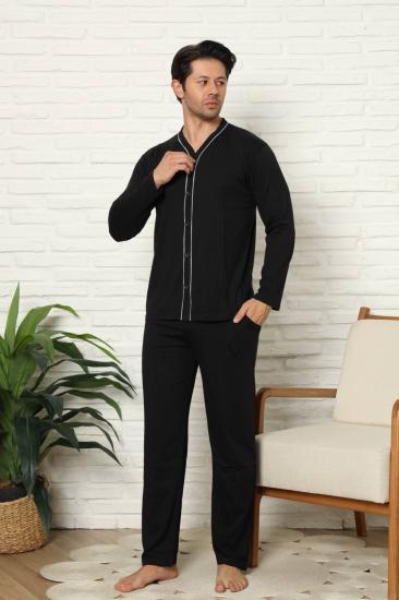 Önden Düğmeli Erkek Pijama Takımı - Lacivert Uzun Kol Likralı Pamuk 1214UY