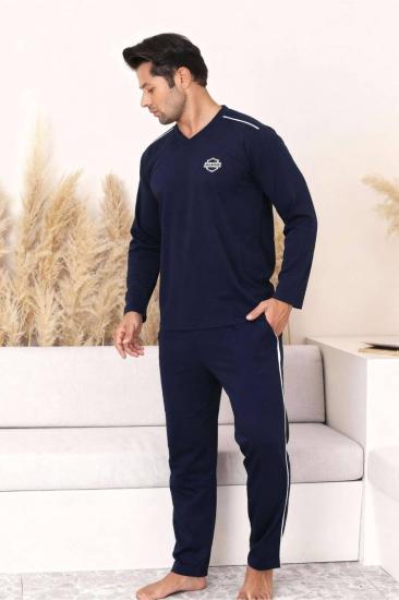 Erkek Pijama Takımı - Lacivert Arma Nakışlı V Yaka Uzun Kollu Penye 1216UK