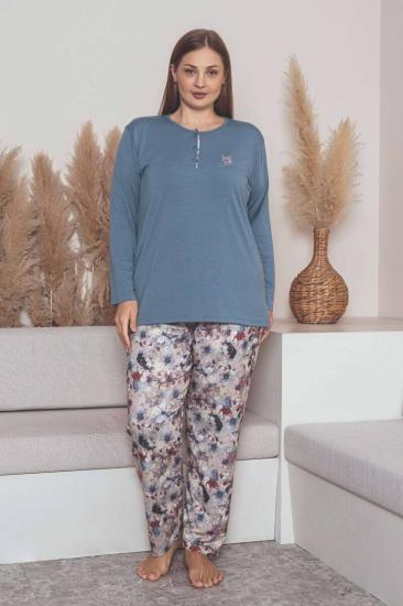 Büyük Beden Bayan Pijama Takımı - İndigo Mor Çiçek Desen Uzun Kol Likralı Penye 2859UYB