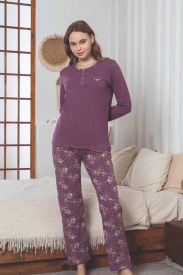Kadın Pijama Takımı - Mürdüm Çiçek Desen Uzun Kol Likralı Penye 2892UKL