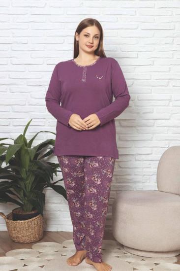 Büyük Beden Kadın Pijama Takımı - Mürdüm Çiçek Desen Uzun Kol Likralı Penye 2892UKBL