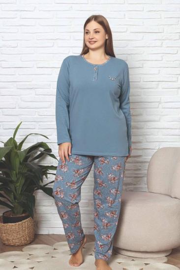 Büyük Beden Kadın Pijama Takımı - İndigo Çiçek Desen Uzun Kol Likralı Penye 2892UKBL