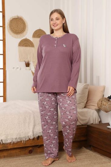 Çiçek Desenli Kadın Pijama Takımı - Mürdüm Nakışlı Kışlık Şardonlu İnterlok 2879UK