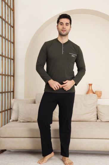 Erkek Pijama Takımı - Haki Arma Nakışlı Likralı Uzun Kollu Penye 1194UK