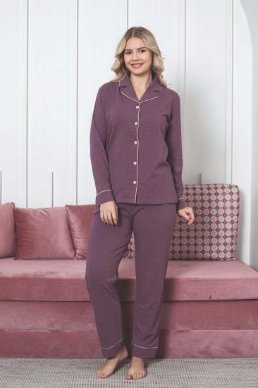 Kadın Pijama Takımı - Gülkurusu Puantiyeli Önden Düğmeli Likralı Penye 2888UK