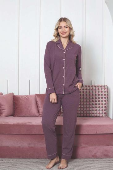 Kadın Pijama Takımı - Gülkurusu Puantiyeli Önden Düğmeli Likralı Penye 2888UK