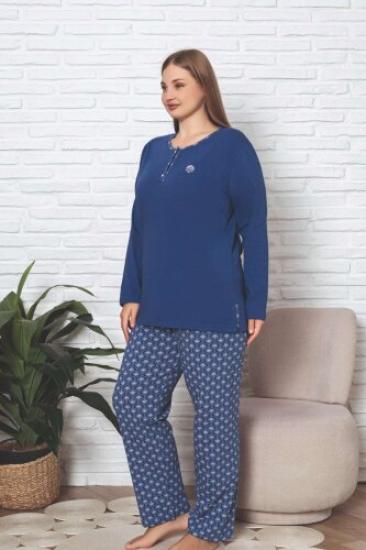 Büyük Beden Kadın Pijama Takımı - İndigo Etnik Desen Uzun Kol Likralı Penye 2890UKBL