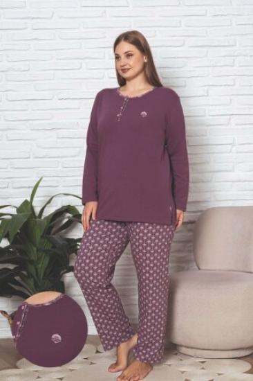 Büyük Beden Kadın Pijama Takımı - Gülkurusu Etnik Desen Uzun Kol Likralı Penye 2890UKBL